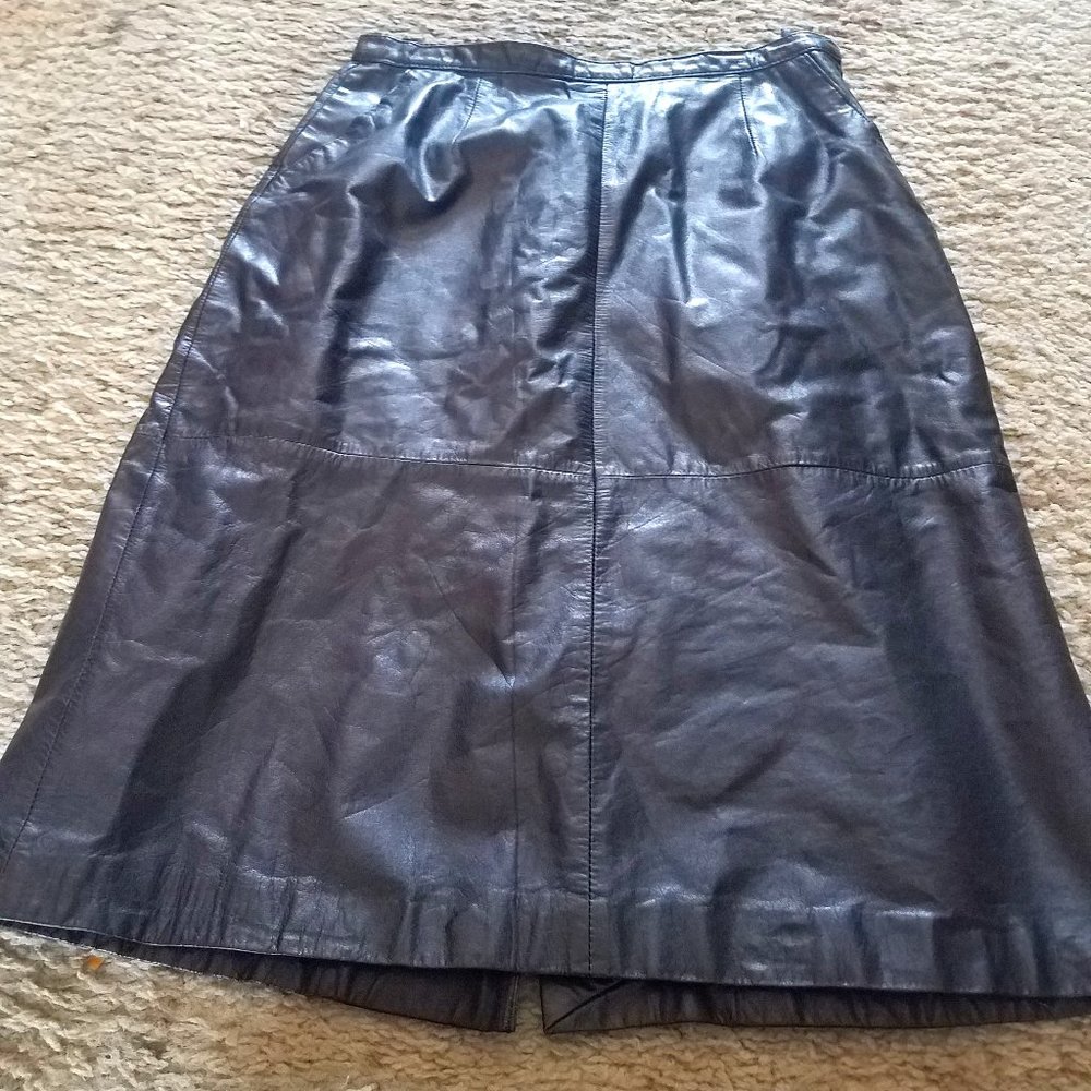 Oleg Cassini Calf Length Black Leather A-frame Skirt